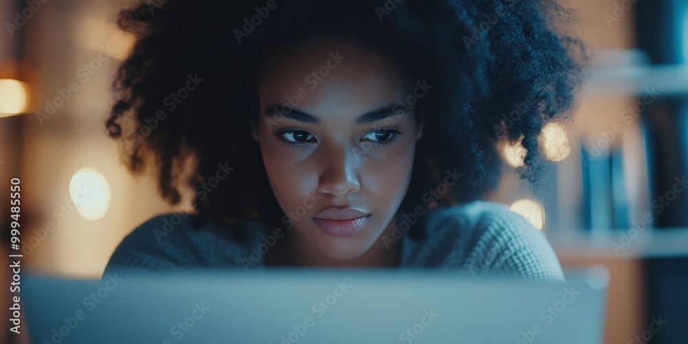 Poster a close-up features a person attending an online class, focusing on the laptop screen and focused ex