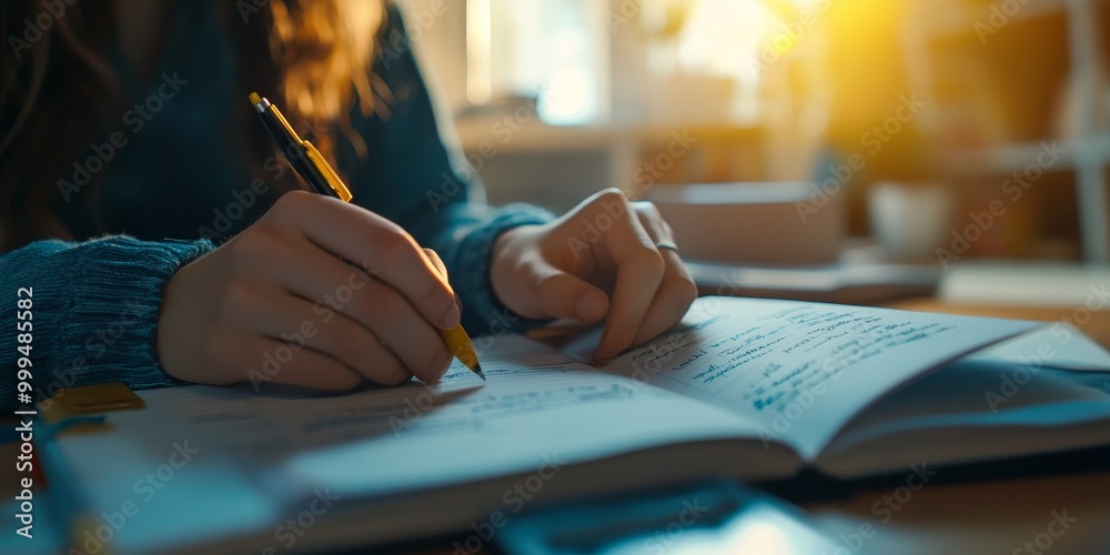 Poster A student takes notes during a virtual lecture, with a close-up on their hands and computer, as a bright home setting reflects discipline in online education