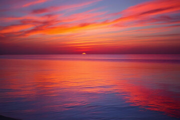 Fototapeta premium A breathtaking image of a vivid sunset casting warm hues of red, orange, and pink over the calm ocean waters. The vibrant colors blend seamlessly with the deep blue and purple of the sky
