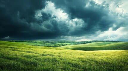 Dramatic Landscape with Dark Clouds Over Green Fields
