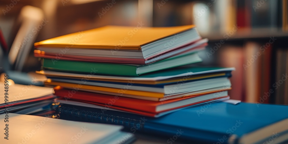 Poster a close-up features a pile of colorful notebooks on a desk, focusing on neatly organized materials, 