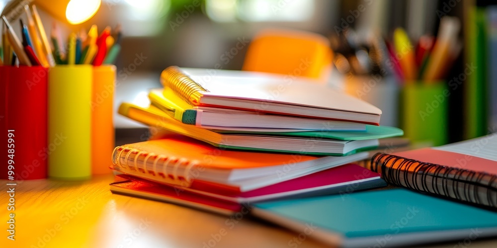 Poster a close-up features a pile of colorful notebooks on a desk, focusing on neatly organized materials, 