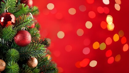 Fototapeta premium geschmückter Weihnachtsbaum auf der rechten seite , roter hintergrund 