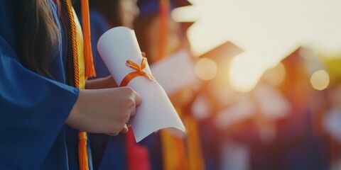 A close-up captures a graduation ceremony, focusing on hands holding diplomas and caps, as a bright setting captures the joy and pride of academic milestones