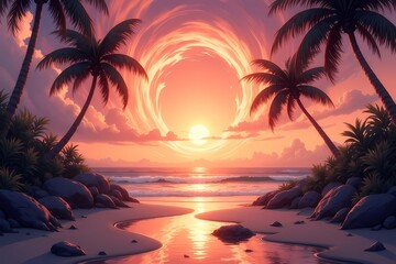 Tropical sunset with vivid colors, palm trees, and a swirling clouds sun over a serene beach. Vibrant sky, calm ocean waves, and a tranquil setting create a dreamlike, peaceful vacation vibe.