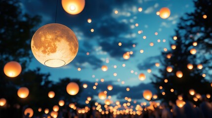 A wide angle shot of a festive Moon Festival procession, with people carrying lanterns and enjoying the celebration.