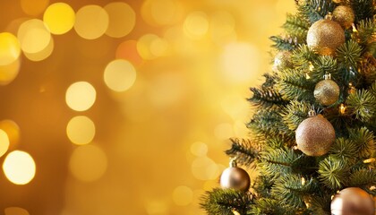 Obraz premium hübsch geschmückter Weihnachtsbaum auf der rechten seite , goldener hintergrund