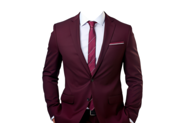 Elegant faceless man in burgundy suit with matching tie,  formal menswear, isolated on white background