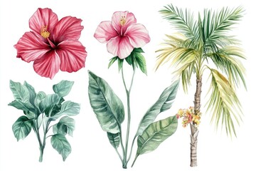 Naklejka premium Tropical Plants and Flowers on White Background