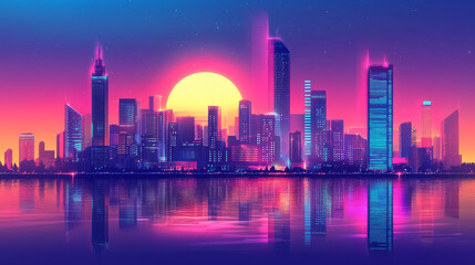 Obraz premium A vibrant, cartoon-style background showing a city skyline.