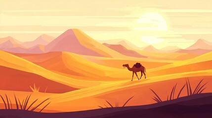   A desert landscape features a camel prominently in the foreground while a majestic mountain range unfolds behind it The sun is positioned far off to the side, casting a warm glow