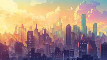 Fototapeta premium A vibrant, cartoon-style background showing a city skyline.