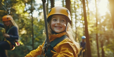 A close-up captures a family zip-lining through a forest, with excitement and thrill visible on their faces, as a vibrant natural setting enhances the adventure