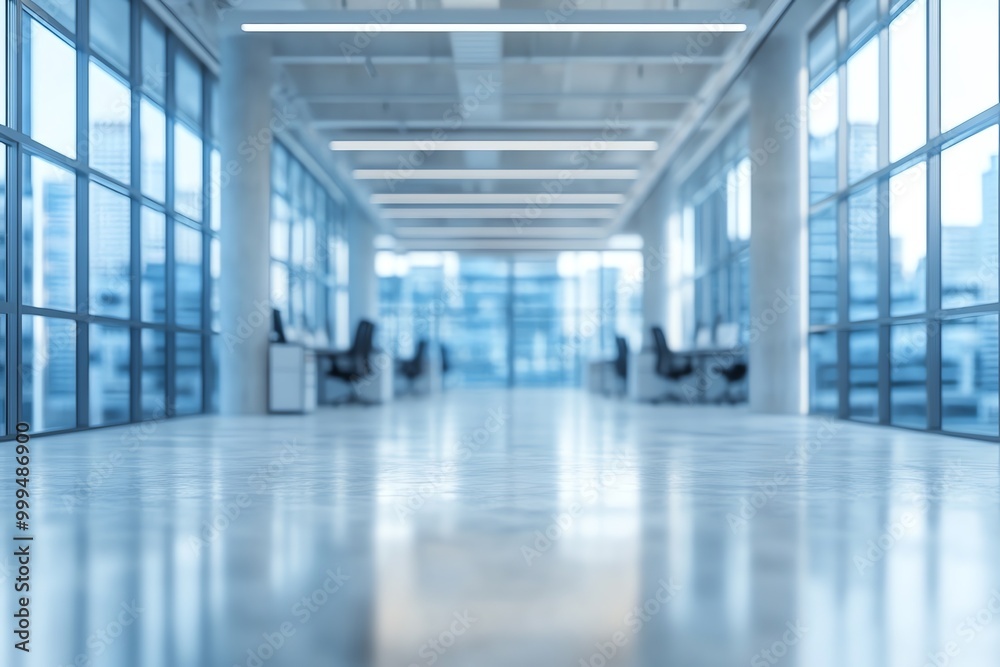 Poster Blurred view of a modern office corridor with large windows and a shiny floor.