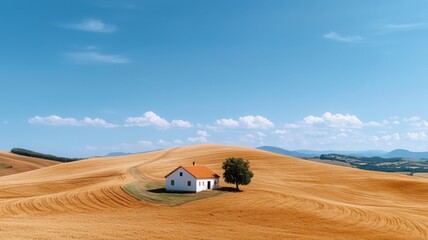 Obraz premium Serene Landscape with House in Golden Wheat Field