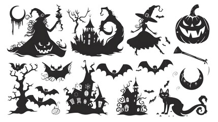 Obraz premium Black and white illustration of a set of cartoon animals, including cats, dogs, bears, and bats, for Halloween design