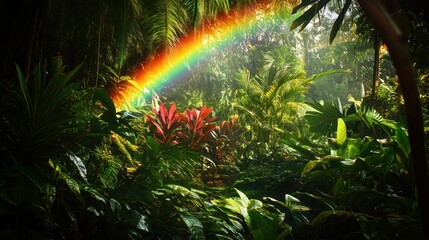 Lush botanical garden scene with a vivid rainbow arching over dense green foliage and exotic plants