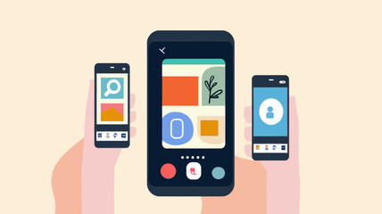 Mobile Application Design Concept Illustration with Three Smartphones in Hand Showing Various User Interfaces