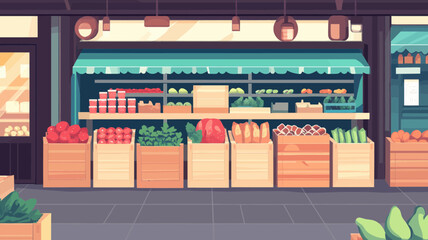 Colorful Fresh Produce Market Stand with Vegetables and Fruits in Wooden Crates Vector Illustration