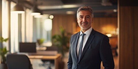 Fototapeta premium Professional corporate portrait with a confident business leader in a modern office setting, with soft lighting and detailed focus.