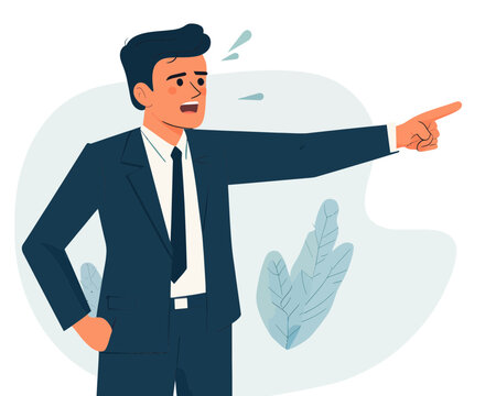 Business Whistleblower Allegation Alert - Businessman Pointing and Blowing Whistle to Expose Corporate Misconduct; Anti-Corruption Concept in Flat Minimalist Vector