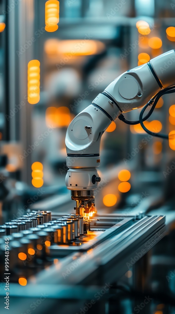 Fototapete close up of robotic arm working on an assembly line in a factory.