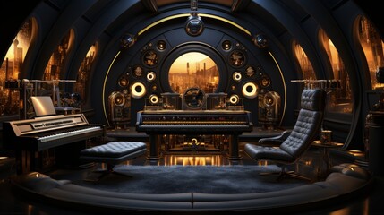 Fototapeta premium Hyper-Detailed 3D Rendering of a Futuristic Cosmic Recording Studio