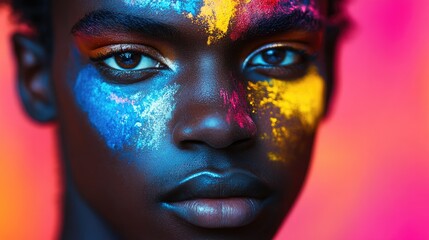 Vibrant Abstract Face Paint Portrait of Dark-Skinned Person with Colorful Background