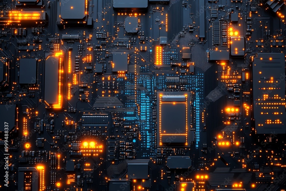 Poster close-up of a futuristic motherboard with glowing lights and intricate circuitry.