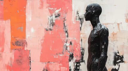 Contemporary Art Sculpture of Figurative Human Against Abstract Pink and Red Background