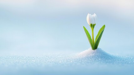 A solitary white tulip emerges from a blanket of soft snow, symbolizing resilience and beauty amidst a cold, tranquil landscape.