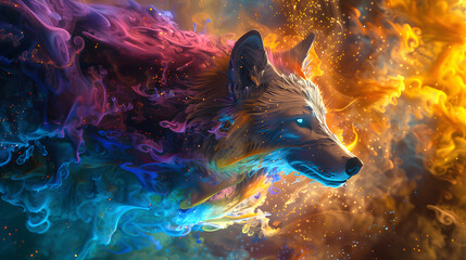 Fototapeta premium A beautiful painted illustration artwork of an illuminated fox with eye-catching colors.