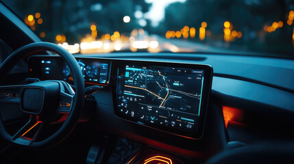 Modern Electric Car Interior with Futuristic Dashboard and Navigation at Night
