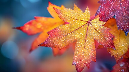 Vibrant Autumn Leaves with Water Droplets