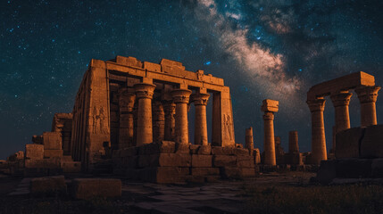 Fototapeta premium Ancient temple complex under starry night sky, showcasing majestic columns and intricate carvings. scene evokes sense of wonder and history