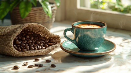 Coffee Cup with Beans and Natural Light Background