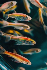 Fototapeta premium A school of colorful fish swimming in a teal-colored aquarium.