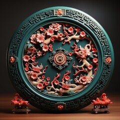 Fototapeta premium Beautiful Antique Wooden Plaque Featuring Ancient Chinese Calligraphy and Symbols