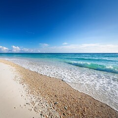 A serene tropical beach with golden sand, gentle waves lapping the shore, under a bright blue sky dotted with fluffy clouds