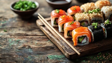 Fresh Sushi Rolls on Wooden Platter