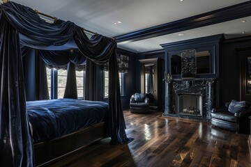 Fototapeta premium A luxurious master bedroom with dark navy walls, a large four-poster bed with dark velvet drapes, and a black marble fireplace. Dark wood floors and an oversized dark leather 