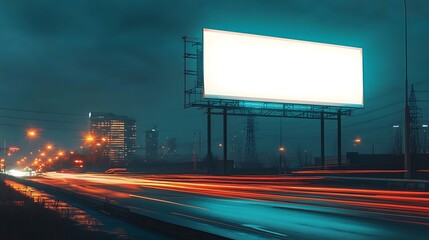 A white billboard positioned above a busy highway, with blurred vehicle lights indicating motion and speed, creating a sense of urban hustle. 