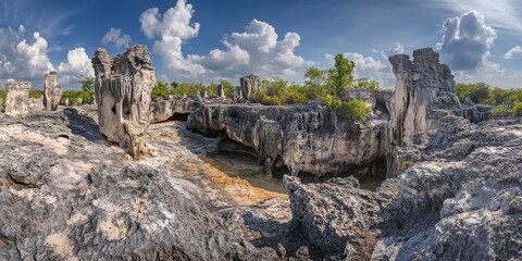 a karst landscape with limestone pillars and sinkholes, highlighting chemical weathering and erosion.