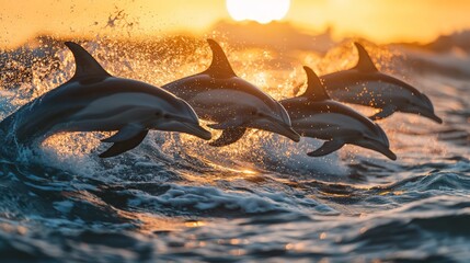 Dolphins jumping at sunset over ocean waves