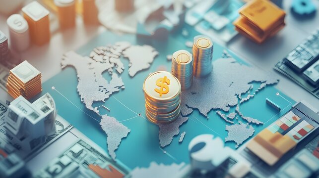 Growth in fintech services through international mergers in flat design, top view, international finance theme, 3D render, Split-complementary color scheme 