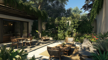 Naklejka premium Eleganckie meble ogrodowe w otoczeniu pięknie zaprojektowanego ogrodu, zapewniające idealne miejsce na letnie spotkania i rodzinne biesiady.