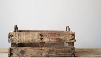 Fototapeta premium Wooden crate on table against white background. Space for text