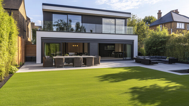 Eleganckie meble ogrodowe w otoczeniu pięknie zaprojektowanego ogrodu, zapewniające idealne miejsce na letnie spotkania i rodzinne biesiady.