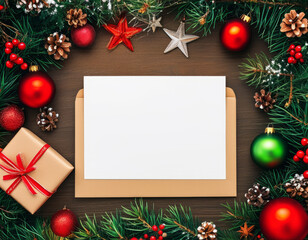 Christmas Card Mockup on Wooden Background. Christmas Card with Festive Greenery on Wood. Simple Christmas Card Layout with Festive Decor. Copy space