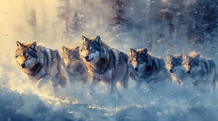 A pack of wolf running on the snow in a Montana forest